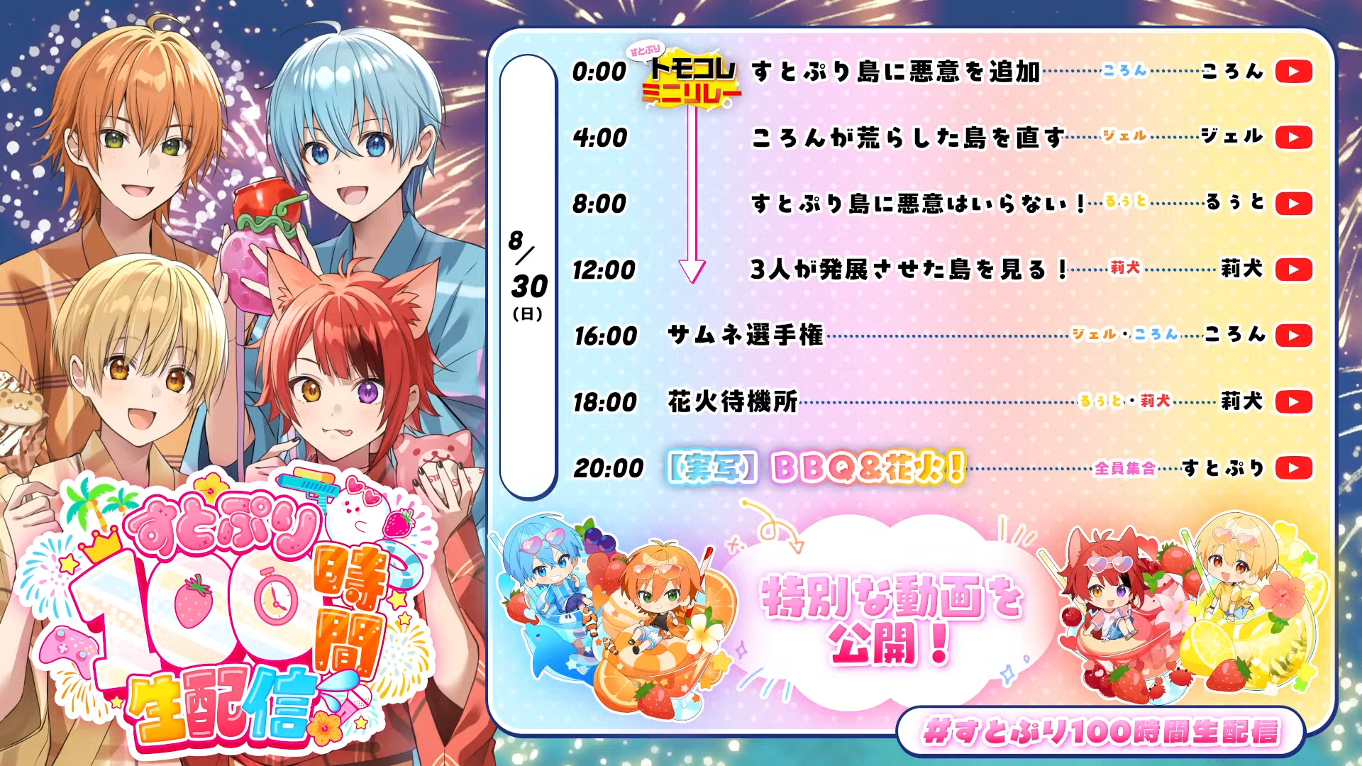 すとぷり100時間生配信2026のキービジュアル。すとぷりの4メンバーが笑顔で並び、「すとぷり100時間生配信」のロゴが表示されている