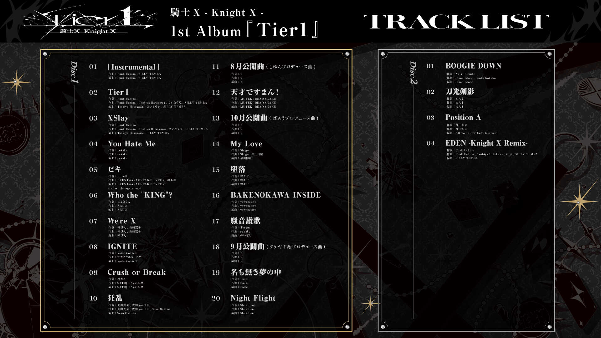 騎士X 1stアルバム『Tier1』トラックリスト・収録楽曲全20曲・Disc1・Disc2